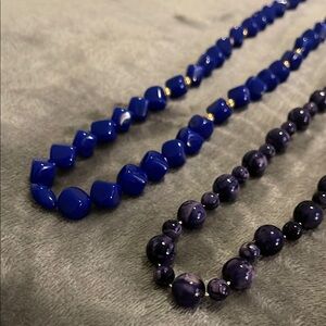 2 Vintage Beaded Necklaces: Blue w/ Gold and Purple